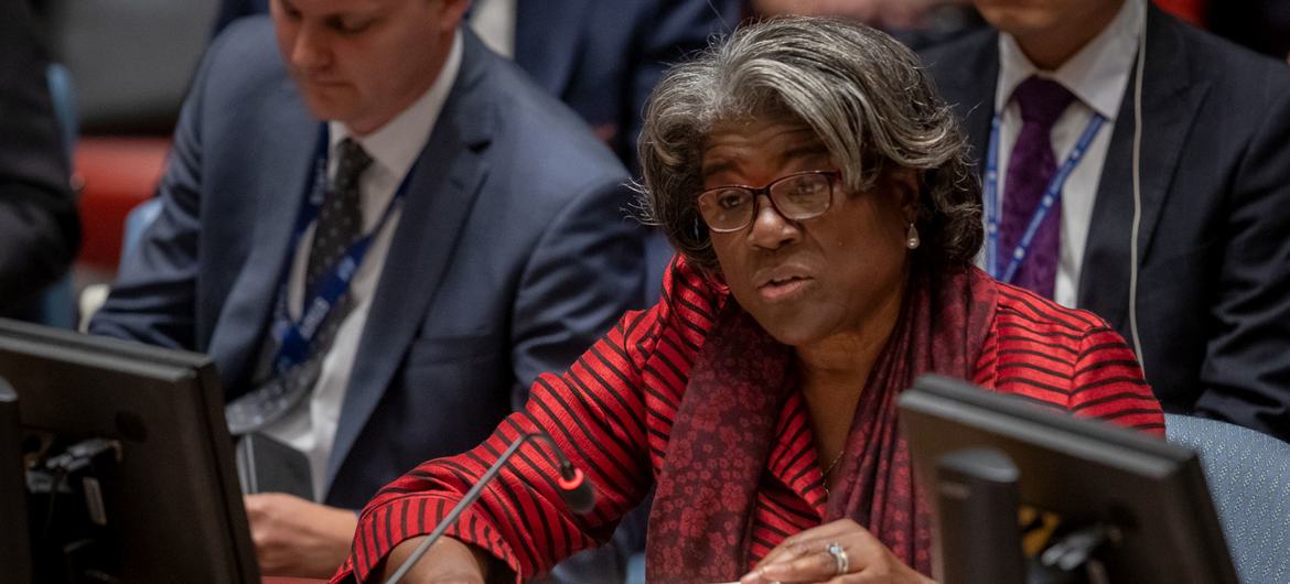 Ambassador Linda Thomas-Greenfield of the United States addresses the UN Security Council meeting on Maintenance of peace and security of Ukraine.