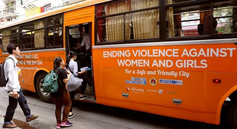 The Safe and Friendly City Bus is part of a programme raising awareness about sexual harassment and violence against women and girls in public spaces in Viet Nam. The Safe and Friendly City Bus is part of a programme raising awareness about sexual harassment and violence against women and girls in public spaces in Viet Nam.