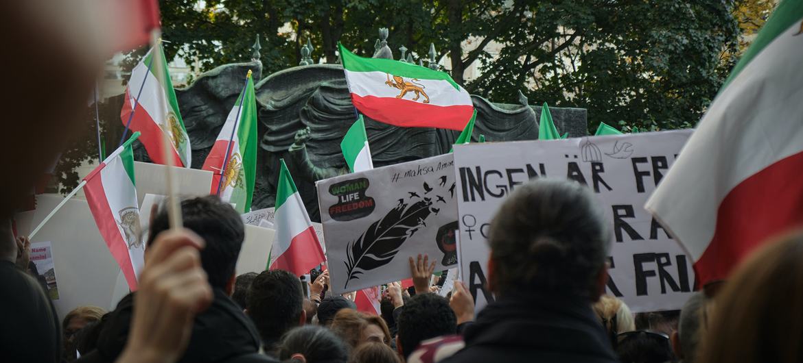 Demonstrators in Sweden call for justice after the death of Masha Amini in custody of the "morality police" in Iran.