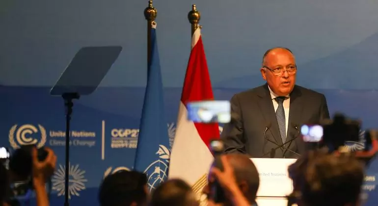 Sameh Shoukry, Egyptian Minister of Foreign Affairs and COP27 President, addresses the opening plenary of the latest UN climate change conference, in Sharm el-Sheikh, Egypt. Sameh Shoukry, Egyptian Minister of Foreign Affairs and COP27 President, addresses the opening plenary of the latest UN climate change conference, in Sharm el-Sheikh, Egypt.