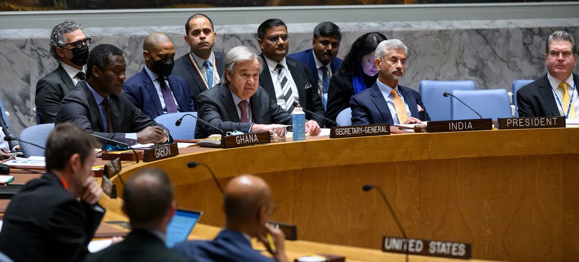 Secretary-General António Guterres (third from right at table) addresses the Security Council meeting on maintenance of international peace and security, with a focus on a new orientation for reformed multilateralism.