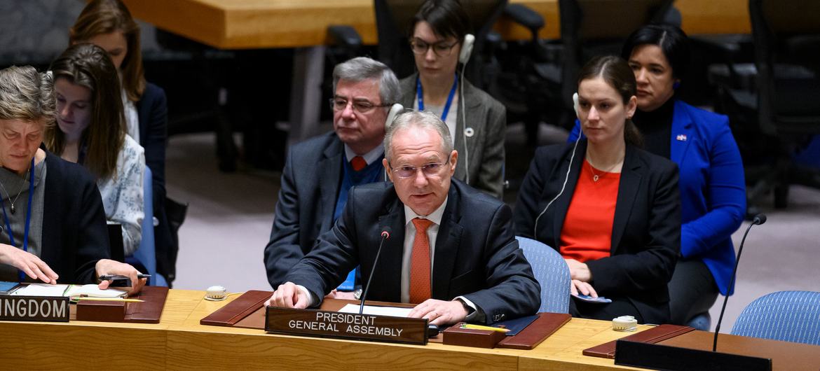 Csaba Kőrösi, President of the seventy-seventh session of the United Nations General Assembly, addresses the Security Council meeting on maintenance of international peace and security, with a focus on a new orientation for reformed multilateralism.
