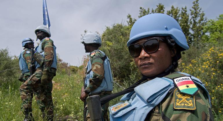 UNIFIL Ghanian peacekeepers on a foot patrol along the Blue Line in the vicinity of Ramya , south Lebanon.