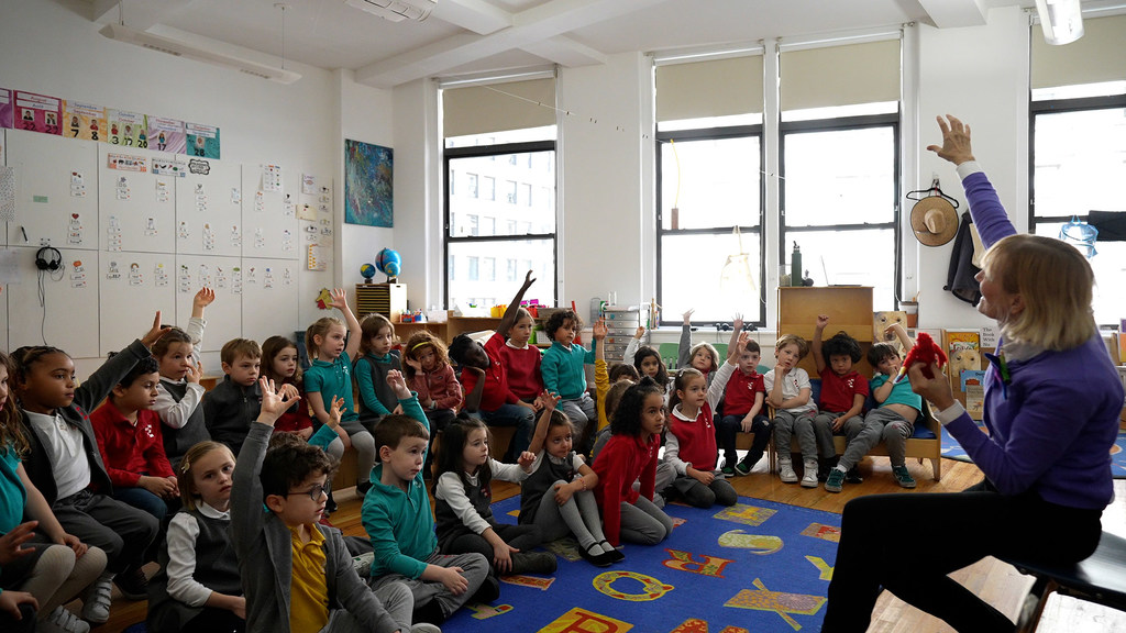 LuAnn Adams, a storyteller, introduces the tale of hummingbird at The École school in New York.