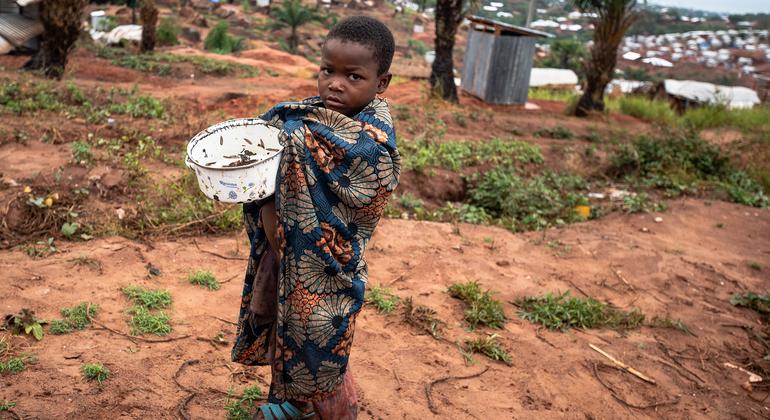 A child holds a pan of locusts at a camp for internally displaced persons in the Democratic Republic of the Congo.