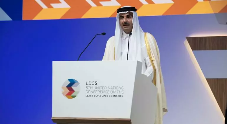 Sheikh Tamim bin Hamad Al Thani, Emir of Qatar, delivers remarks at the Fifth UN Conference on the Least Developed Countries (LDC5), in Doha. Sheikh Tamim bin Hamad Al Thani, Emir of Qatar, delivers remarks at the Fifth UN Conference on the Least Developed Countries (LDC5), in Doha.