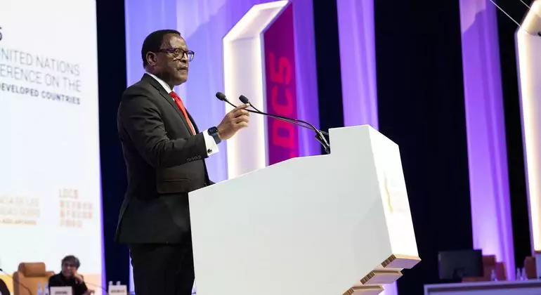 Lazarus McCarthy Chakwera, President of Malawi, Chair of the LDC Group, delivers opening remarks at the Summit of the Leaders of the Least Developed Countries, in Doha Qatar. Lazarus McCarthy Chakwera, President of Malawi, Chair of the LDC Group, delivers opening remarks at the Summit of the Leaders of the Least Developed Countries, in Doha Qatar.