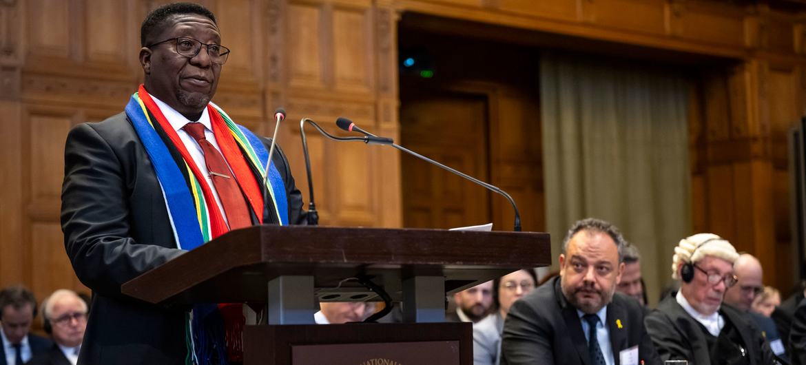 Representing South Africa, Vusimuzi Madonsela, presents his country's case against Israel at the International Court of Justice (ICJ) in January. (file)