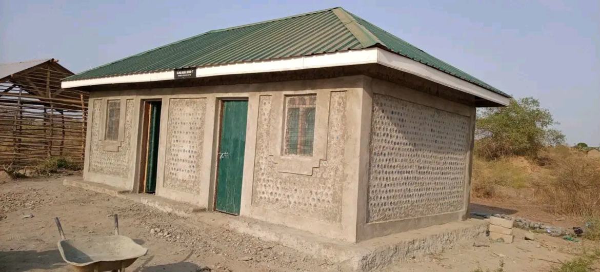 A house in South Sudan built with plastic bottle bricks.