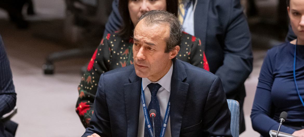 Khaled Khiari, Assistant Secretary-General for Middle East, Asia and the Pacific of the Departments of Political and Peacebuilding Affairs and Peace Operations, briefs the Security Council meeting on maintenance of peace and security of Ukraine.