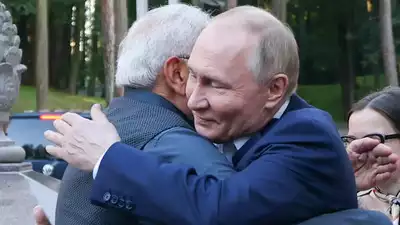 Modi and Putin meet outside the latter's residence for bilateral talks between India and Russia.