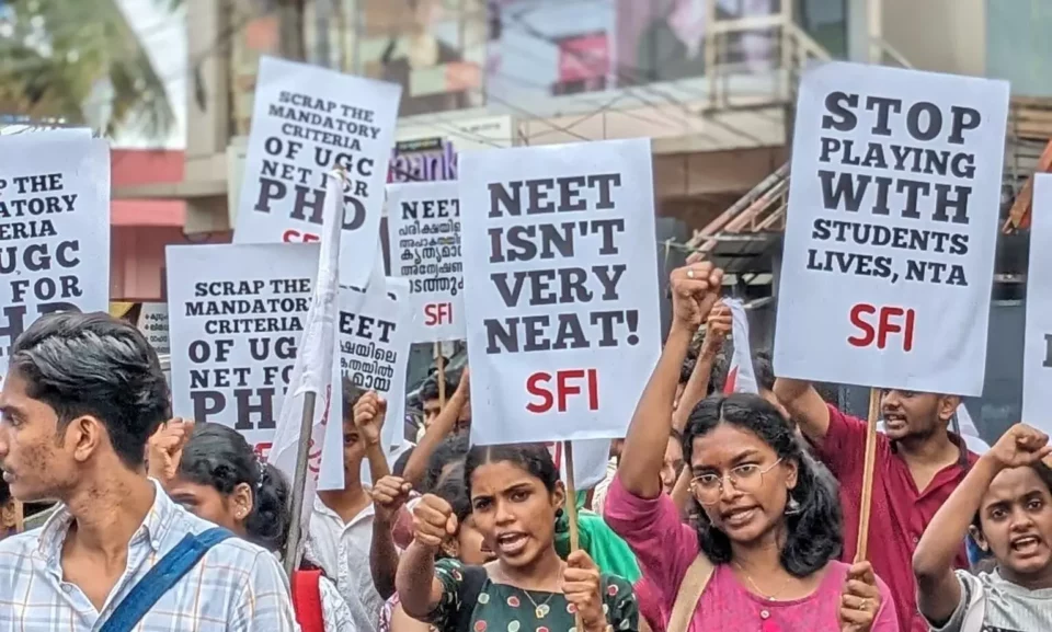 A group of students protest, demanding a re-examination for the leaked NEET exam.