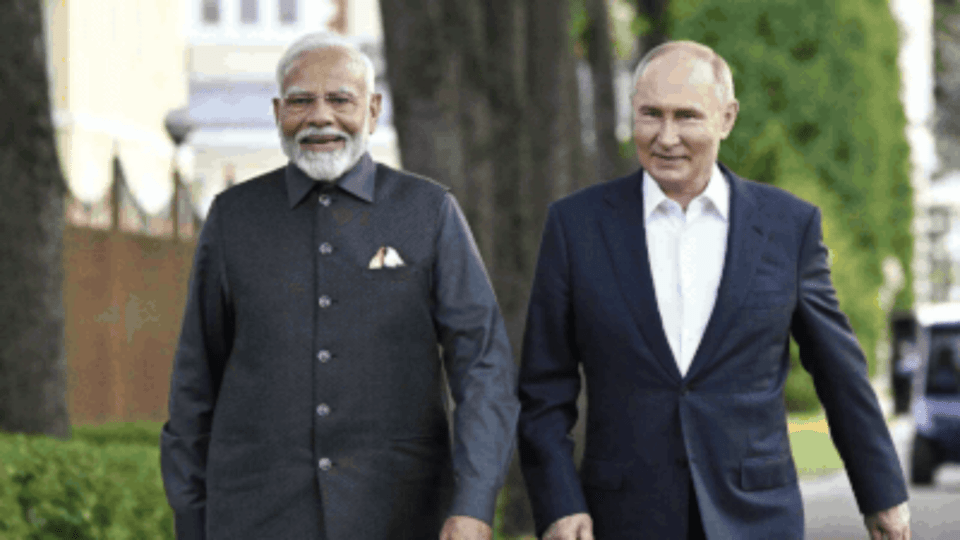 Modi and Putin walk together and discuss matters